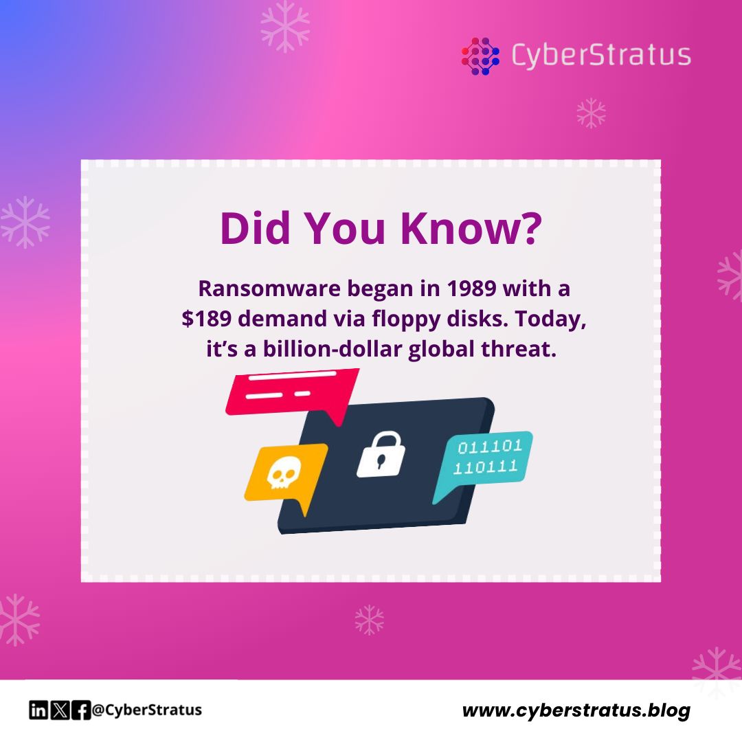 CyberStratus's tweet photo. 💻 From floppy disks to billion-dollar threats, ransomware has evolved😈.
Curious about how cybersecurity is keeping up? Visit Cyberstratus for your weekly dose of must-know insights! 🔒 https://t.co/5909SQwC19
#CyberSecurity #Ransomware #StaySafe #Cyberstratus https://t.co/C7jt7VKDUb