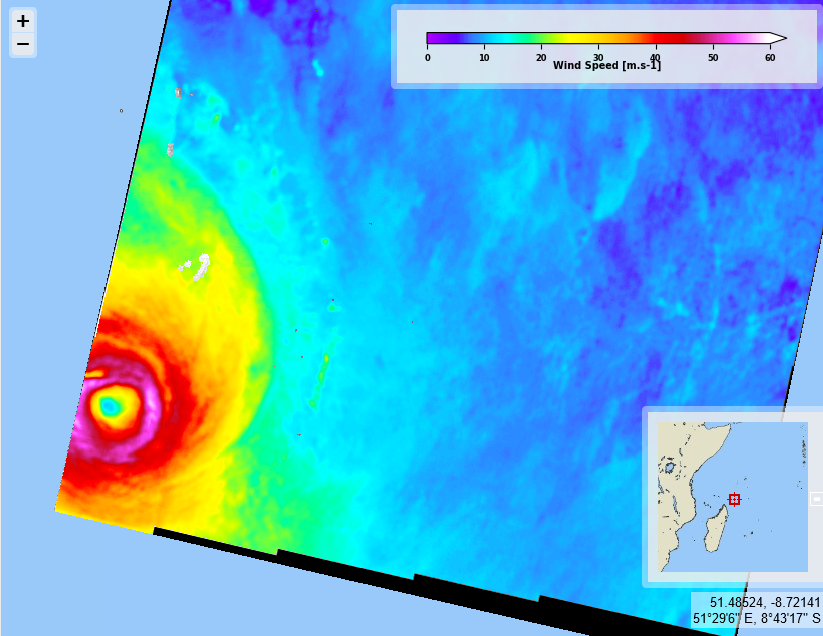 CYMS_S1's tweet photo. Cyclone #Chido North-East of Madagascar on 2024/12/13, 02:08 UTC, for #2024SHOC from @CopernicusEU #Sentinel1 A. Max sustained wind velocities (left) close to 58 m/s, derived from SAR sea surface roughness (right). https://t.co/nGOZAxehcB