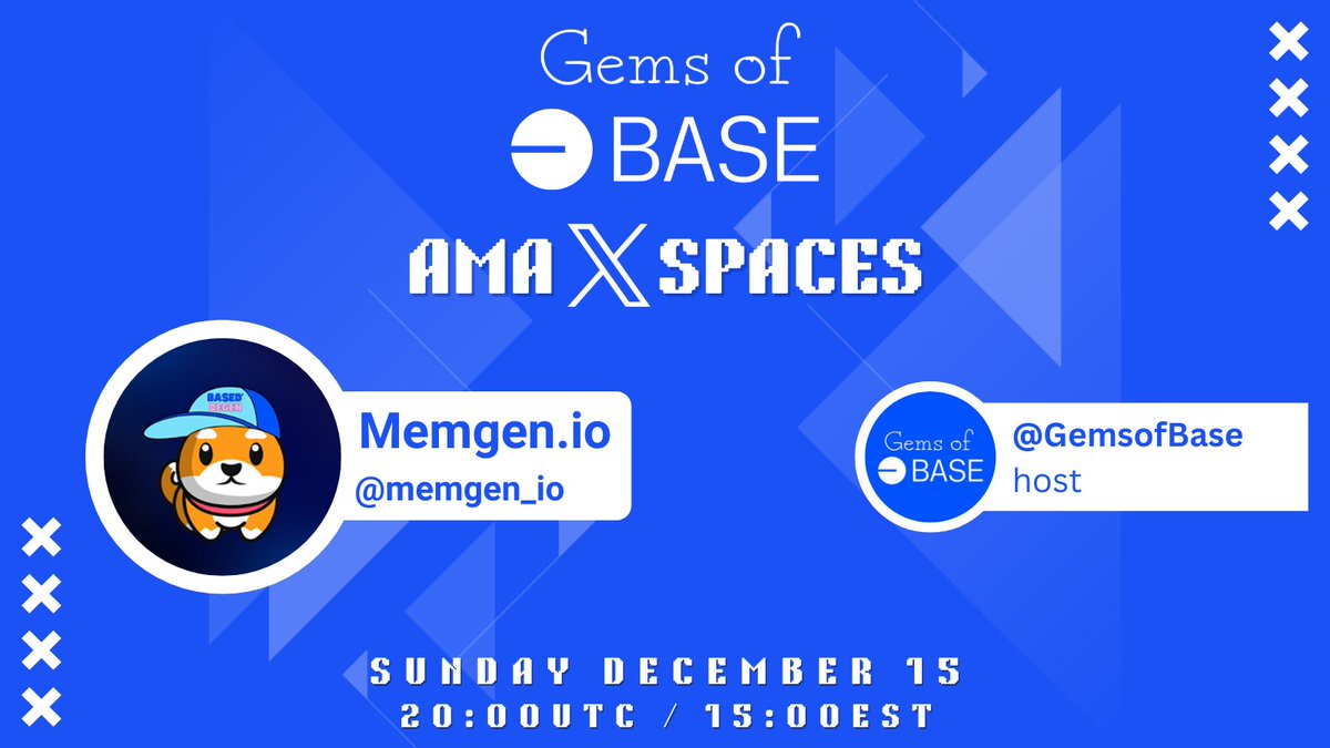 GemsOfCryptoCom's tweet photo. For our next Based Gems AMA, we welcome @memgen_io π
Tune in as we discuss all things Memgen - a recently launched DeFi/meme project branding itself as the evolution of meme tokens!
β° Sun December 15th 20:00UTC
π https://t.co/kKr4xvmguL
$WAG $WAGVC #memgen #BaseGems #AMA https://t.co/Aa9b9xb8uw