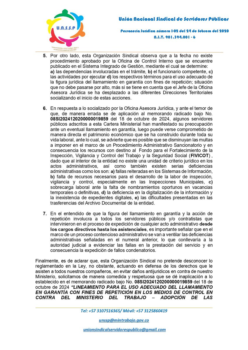 UNSSP_'s tweet photo. frente al memorando interno radicado bajo No. 08SI2024120200000019859 del 18 de octubre de 2024, por medio del cual se establece el “LINEAMIENTO PARA EL USO ADECUADO DEL LLAMAMIENTO EN GARANTÍA CON FINES DE REPETICIÓN EN LOS MEDIOS DE CONTROL EN CONTRA DEL MINISTERIO DEL TRABAJO https://t.co/2eagehksd7