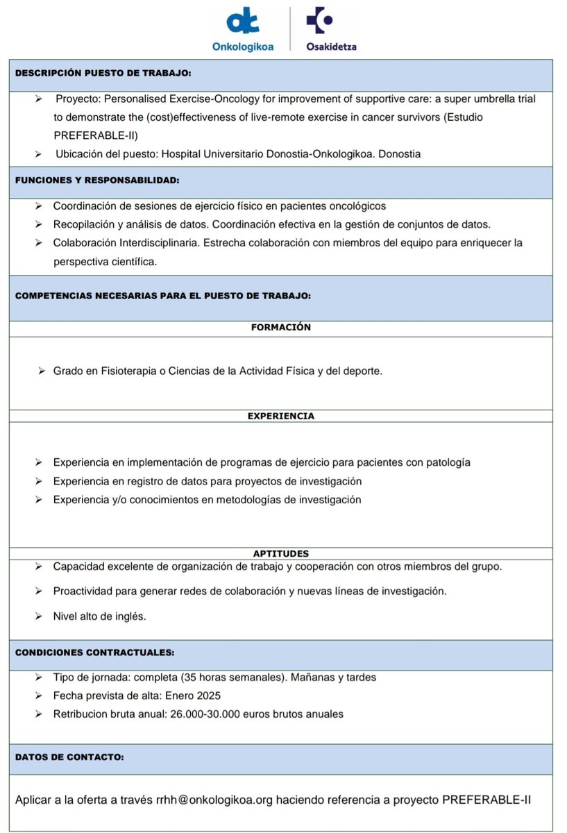 🚨📢❗Lan eskaintza! 
¡Oferta de trabajo! ❗📢🚨

¿Quieres trabajar en un proyecto de investigacion sobre ejercicio en oncología?

Fisioterapian graduatu berri zaretenak, aukera interesgarria duzue ikerketan hasierako pausuak emateko! 

🩺🫁❤️🏋🏼‍♂️🏃🏾