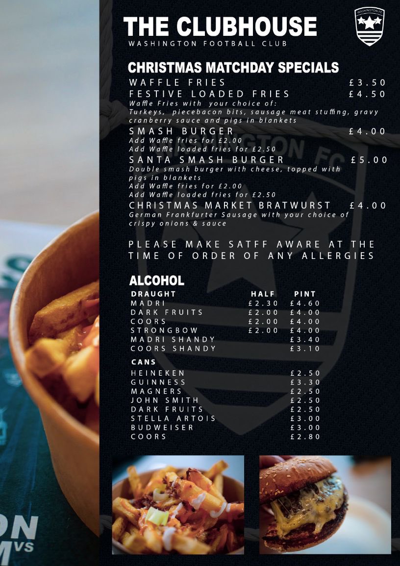 Match Day

Game against <a href="/RACAFC1970/">RYTON & CRAWCROOK ALBION FC</a> goes ahead this evening at The Northern Area, Washington 

Check out our Christmas food menu. Hope to see you this evening