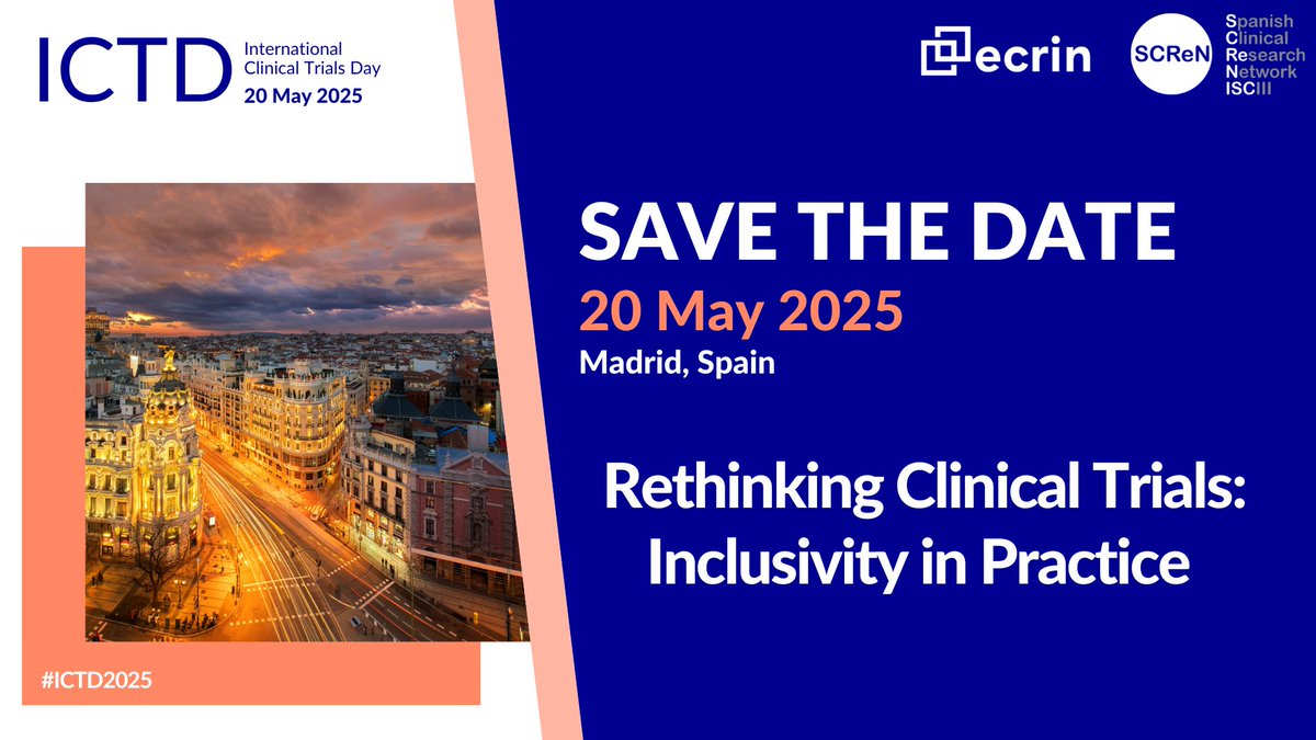 ECRIN (@ecrin_eric) on Twitter photo We are very excited to announce the launch of #ICTD2025!
We are co-hosting with <a href="/SCReN_Platform/">SCReN - Plataforma de Investigación Clínica ISCIII</a> to bring you what we hope to be a very insightful day.
📆20 May, 2025
📍 Madrid, Spain
👩🔬 Rethinking Clinical Trials: Inclusivity in Practice
ecrin.org/ictd-2025
#DEI We are very excited to announce the launch of #ICTD2025!
We are co-hosting with <a href="/SCReN_Platform/">SCReN - Plataforma de Investigación Clínica ISCIII</a> to bring you what we hope to be a very insightful day.
📆20 May, 2025
📍 Madrid, Spain
👩🔬 Rethinking Clinical Trials: Inclusivity in Practice
ecrin.org/ictd-2025
#DEI