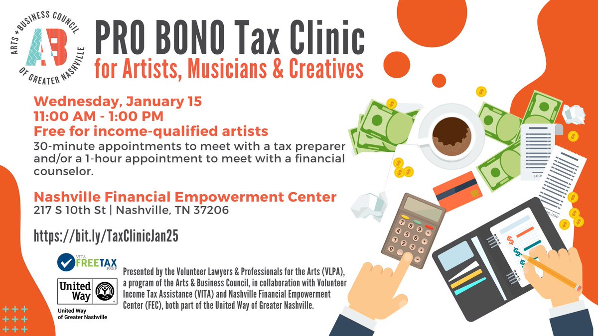 Arts & Business Council of Greater Nashville (@abcnashville) on Twitter photo Get help from the pros at our Pro Bono Tax Clinic for Artists, Musicians & Creatives Jan 15! 30-minute appointments with a tax preparer and/or 1-hour appointment with a financial counselor at bit.ly/TaxClinicJan25 <a href="/UWNashville/">United Way of Greater Nashville</a> #VLPA #creativebusiness #taxhelp #financialplanning Get help from the pros at our Pro Bono Tax Clinic for Artists, Musicians & Creatives Jan 15! 30-minute appointments with a tax preparer and/or 1-hour appointment with a financial counselor at bit.ly/TaxClinicJan25 <a href="/UWNashville/">United Way of Greater Nashville</a> #VLPA #creativebusiness #taxhelp #financialplanning