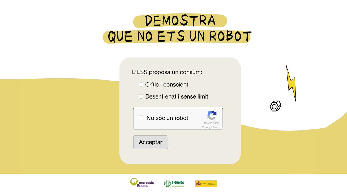 Moltes vegades ens demanam on podem consumir de manera responsable. Anima't i visita la pàgina web del nostre mercat social mercadosocial.net
Allà si que pots demostrar que no ets un robot i comprar de manera conscient i responsable