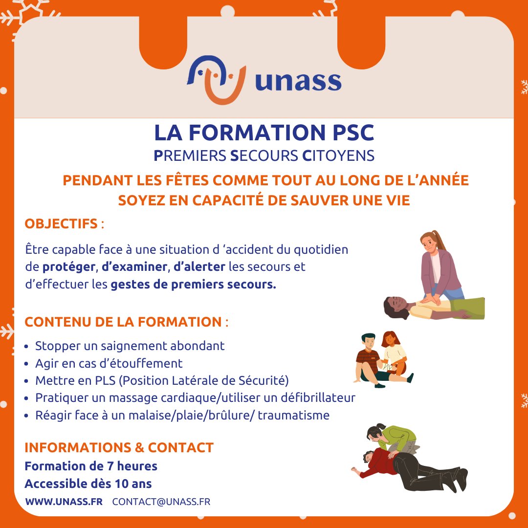 UNASS_fr's tweet image. Face à un accident du quotidien, savoir protéger, alerter et effectuer les gestes de premiers secours peut faire la différence. La formation PSC (Premiers Secours Citoyens) vous donne les clés pour agir efficacement en cas d’urgence
#UNASS #calendrier #secourisme #premiersecours