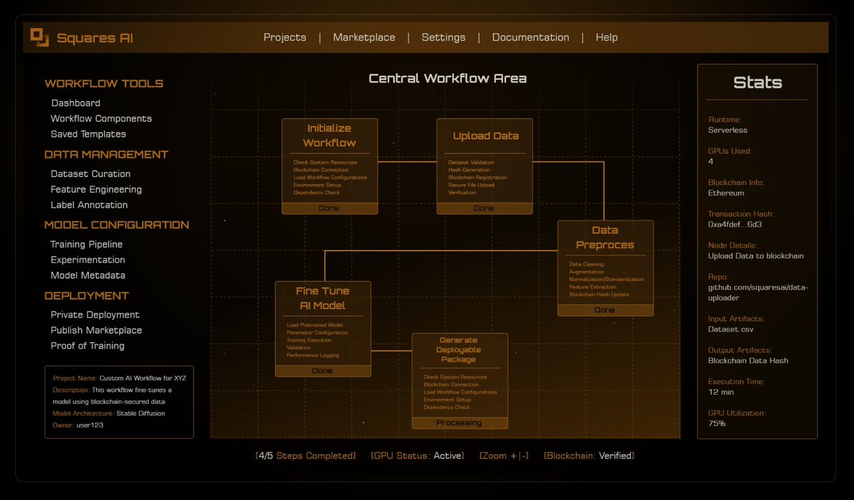 SquaresLabs's tweet photo. Take a look at this preview of the Squares AI Central Workflow Area! 

This intuitive drag-and-drop interface allows you to seamlessly design and execute AI workflows with blockchain-secured data management and decentralized GPU processing. https://t.co/KRM0hAklxF