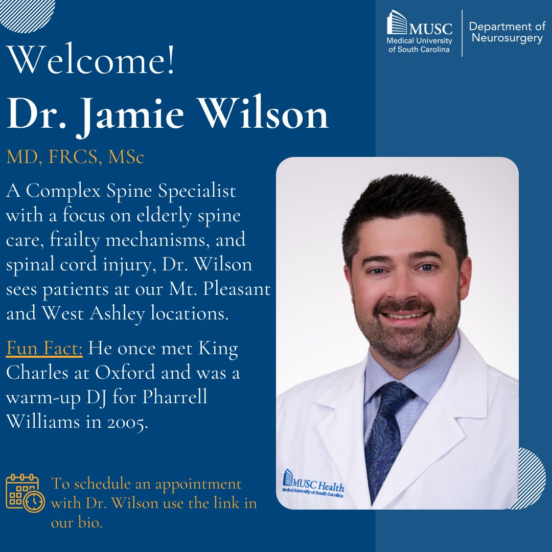 muscmind's tweet photo. Welcome Dr. Jamie Wilson, our new Complex Spine Specialist at MUSC!
Dr. Wilson specializes in elderly spine care, frailty, and spinal cord injury. Now seeing patients in Mt. Pleasant and West Ashley.
Schedule your appointment here: https://t.co/aft2yJjmw4 https://t.co/es37RbkEk4