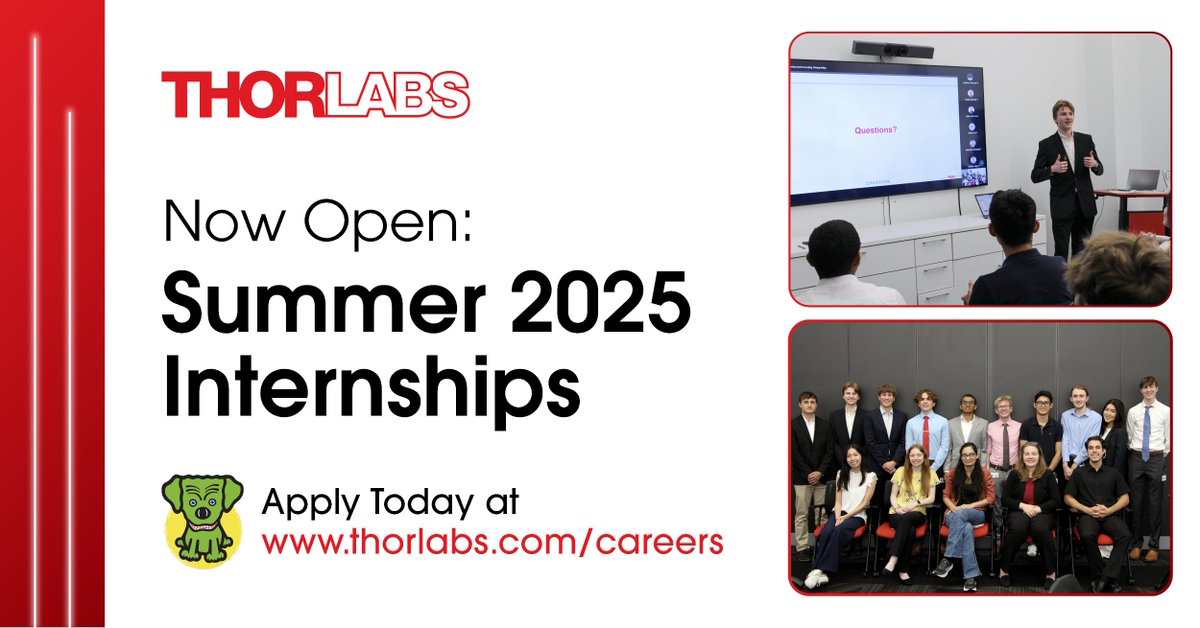 We’re excited to announce that applications are now open for our Summer 2025 Internship Program! 

Apply today at thorlabs.com/careers/search….

 #photonics #STEM #STEMcareers #optics #internship