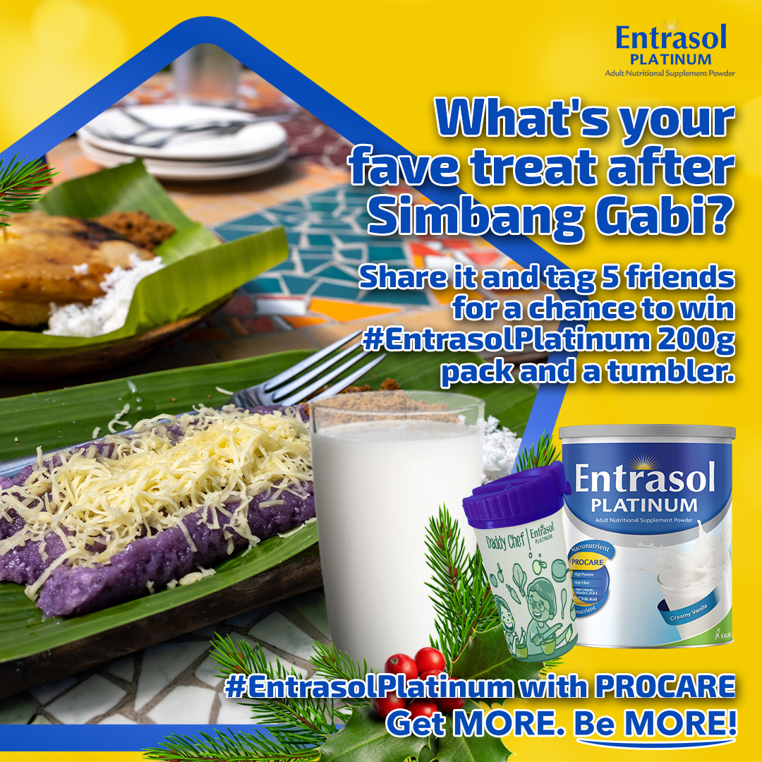 EntrasolP's tweet photo. Bibingka or Puto Bumbong after Simbang gabi?

Share your answer and tag 5 friends to win #EntrasolPlatinum 200g and a tumbler.

#DrinkEntrasolEveryday.

Email kalcare@kalbeinternational.com or call (02) 889-52523/09178375536. https://t.co/8nETuiZcs9