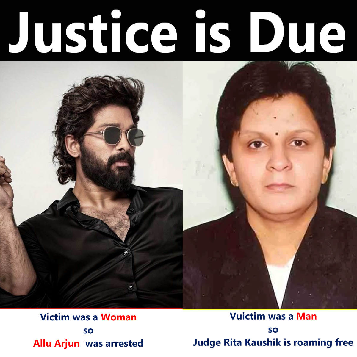 NCMIndiaa's tweet photo. #AlluArjun was arrested and send to jail because a WOMAN died in a stampede inside the theatre during the premiere of his Movie. He was having no direct involvement in the incident.
Judge Rita Kaushik is roaming free because she demanded a bribe of Rs. 5 Lacs from Bengaluru Techie #AtulSubhash after which he committed suicide.
Equality gai tel lene.......