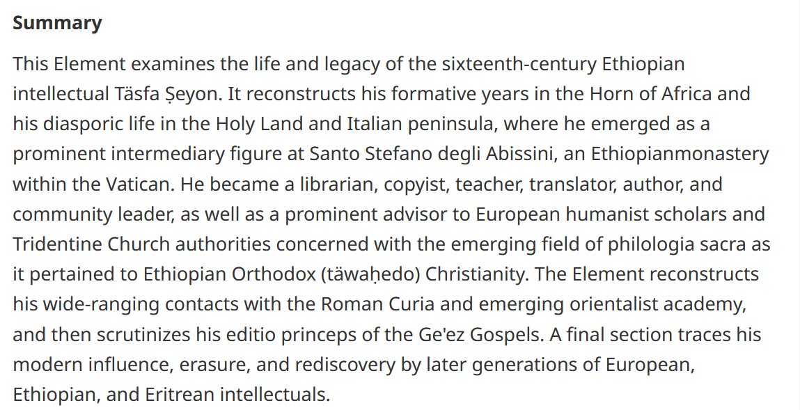 The weekend is coming up and you don't know what to read?
Let me help you:
"The Many Lives of Täsfa Ṣeyon - An Ethiopian Intellectual in Early Modern Rome" 

open access 👇👇
cambridge.org/core/elements/…