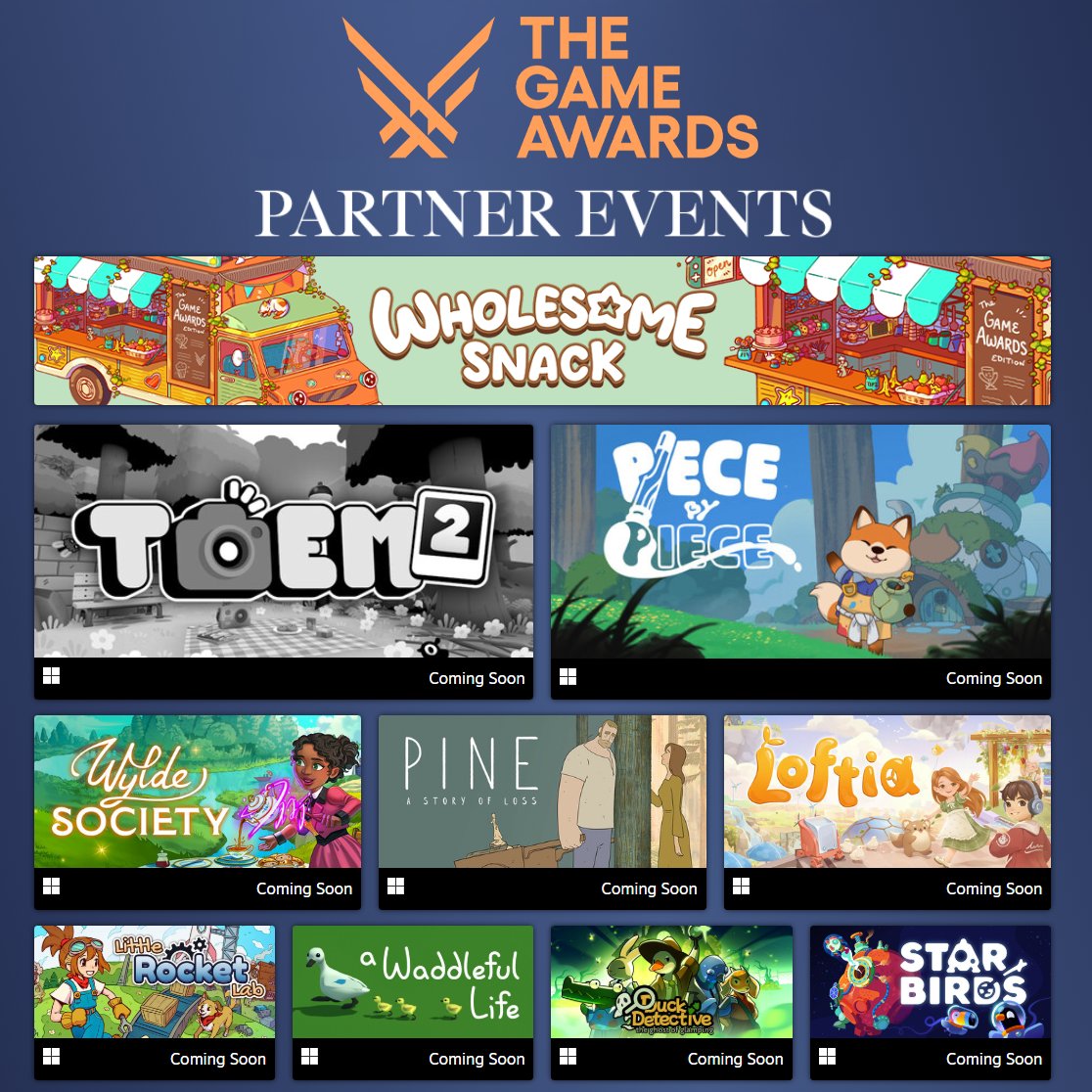 We're thrilled to be included in @TheGameAwards Steam event! Scroll through to see last night's winners and world premieres as well as games showcased in Wholesome Snack.