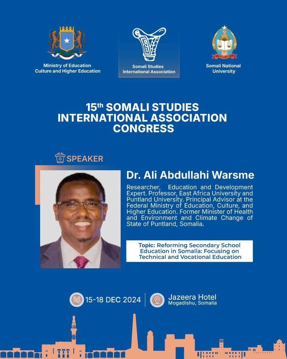 We are pleased to welcome Dr. Ali Abdullahi Warsame, a researcher and expert in education and development, to the 15th Somali Studies International Association Congress. Dr. Ali will present on the topic Reforming Secondary Education in Somalia: Focusing on Technical and