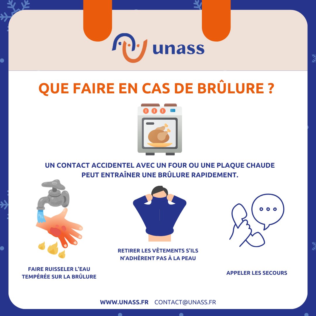 UNASS_fr's tweet image. Avec les repas en préparation et la cuisine qui s’active, les fêtes sont une période où les brûlures domestiques peuvent vite arriver. 🔥

Réagir rapidement et adopter les bons réflexes est essentiel pour limiter la propagation d'une brûlure. Soyez prêt à intervenir.
#UNASS