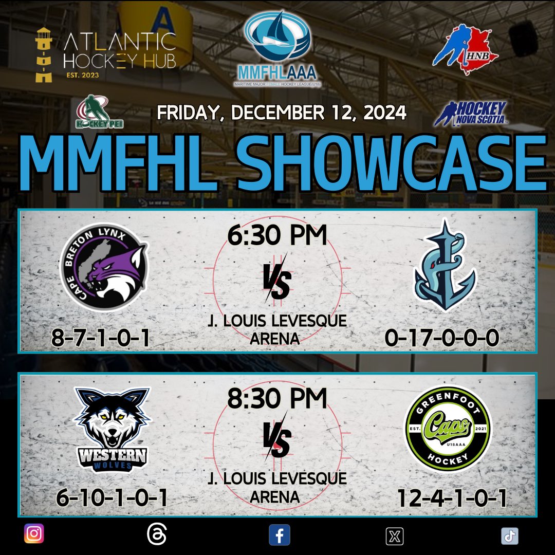 Maritime Major Female Hockey League Showcase Friday Schedule:

10:30 am - Stars vs Kraken 

12:30 pm - Flames vs Capitals

2:30 pm - Subway Selects vs Wolves 

4:30 pm - Rockets vs Surge

6:30 pm - Lynx vs Kraken 

8:30 pm - Wolves vs Kraken

#MMFHL #AtlanticHockeyHub