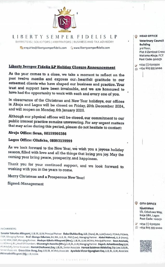 Holidays Closure: Public announcement by our law firm <a href="/libertysemperlp/">Liberty Semper Fidelis LP</a>