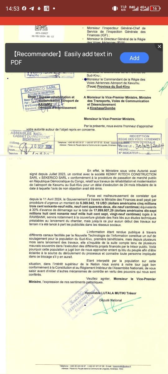 YvesBuya1's tweet photo. #RDC La réhabilitation de l'aéroport de Kavumu au menu du Tête à tête entre le VPM Jean Pierre @bembajp et le député Trésor LUTALA MUTIKI, élu de Mwenga... 

 C'est à se demander : Pourquoi ce silence? 

Après plus de 8 ans pourtant, il y'a eu décaissement de 30% des fonds alloué pour la réhabilitation dudit Aéroport à la société SOKERICO... À la place, C'est le silence totale, plus rien en terme des travaux... 

Outre l'aeroport de Kavumu, ceux des aerodromes de kamituga  Lugushwa, Nyamibungu ont été abordés dans l'échange entre l'élu de Mwenga et le VPM-@bembajp.. 

Sous pression et dans ces entrefaites, le VPM Bemba à rassurer son implication pour que le plus tôt possible les travaux commences dans ces aérodromes et aero de Kavumu avec une visite  début janvier des quelques Députés originaires du Sud-Kivu à l'idée d'impulser la relance des travaux... 

Par ailleurs, cette rencontre entre l'elu de Mwenga et le VPM-@bembajp est due à l'initiative parlementaire initié par l'élu de Mwenga en date du 30 septembre en rapport avec l'aéroport de kavumu... 

(Source proche du dossier)