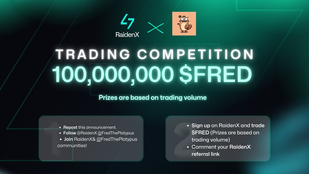 raidenx_io's tweet photo. 🚀 RaidenX x FRED Trading Competition! 🚀

We’re thrilled to announce an epic Trading Competition Campaign with @FredThePlatypus!

💥 About RaidenX:
RaidenX is the first web-based trading bot on @SuiNetwork, offering:
⁃ Real-time charts for the fastest trades on Sui
⁃ Aggregated all-new Sui memecoins
⁃ Audit checks for safer trading
⁃ Earn up to 40% referral rewards.

Prize Pool: 100,000,000 $FRED ~ 1100 USDT

🏅 Prizes are based on trading volume:
- 1st Place: 30,000,000 $FRED ~ 300 USDT
- 2nd Place: 20,000,000 $FRED ~ 200 USDT
- 3rd Place: 20,000,000 $FRED  ~ 200 USDT
- Additional Pool: 30,000,000 $FRED ~ 300 USDT shared among 100 lucky participants

How to Join:
1. Repost this announcement, follow @raidenx_io and @FredThePlatypus, and join:
⁃ RaidenX Community: https://t.co/kAgKPSe58z
⁃ Fred The Platypus Community: https://t.co/AECjFRF6Uj
2. Sign up on RaidenX and trade $FRED.
3. Comment your RaidenX ID referral link below.

Duration: 3 Days Only! (From 14:00 UTC, Dec 13 to 23:59 UTC, Dec 15, 2024)

Start Trading Now: https://t.co/dp75o1QcoF
Follow @RaidenX for the latest updates and more opportunities!