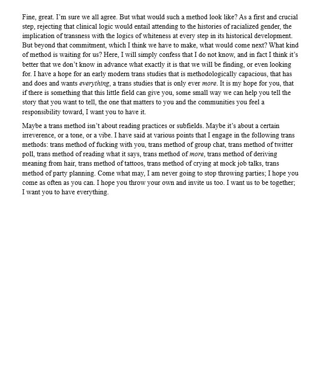 Last month, at the Michigan #EmoSex conference, I said a few words about the friction between gender and sexuality studies, and also my thoughts about a "trans method." Maybe you'd like to read them, too.