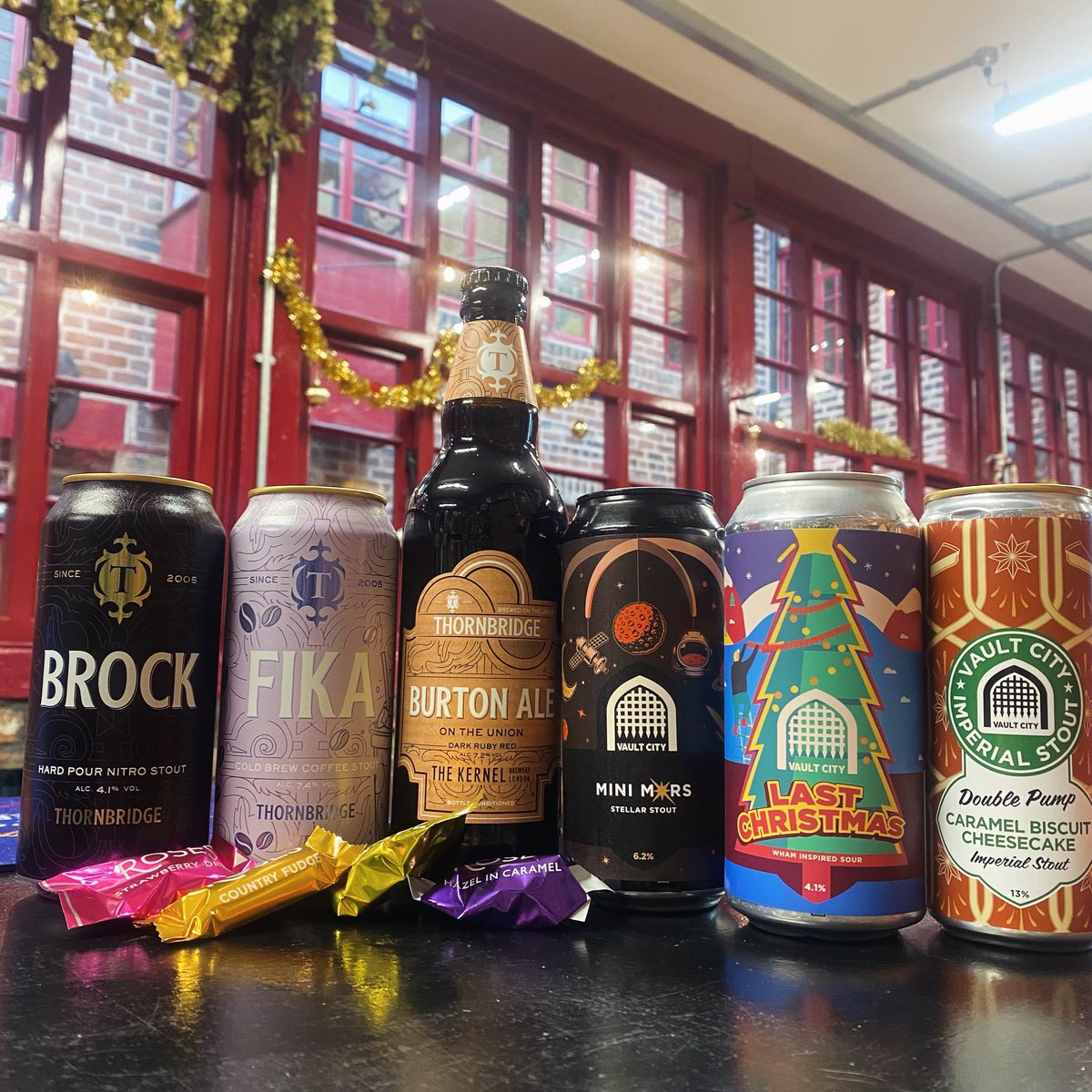 HopHideout's tweet photo. The big tub of chocs is out on the counter for those of you indulging, pairs perfectly with the @thornbridge cold brew coffee Fika or Brock #nitrostout 🍫Also @vaultcitybrew Mini Mars caramelised brown sugar & choc stout or the Caramel Biscuit Cheesecake imperial stout! #oooof https://t.co/6BqJgvG0US