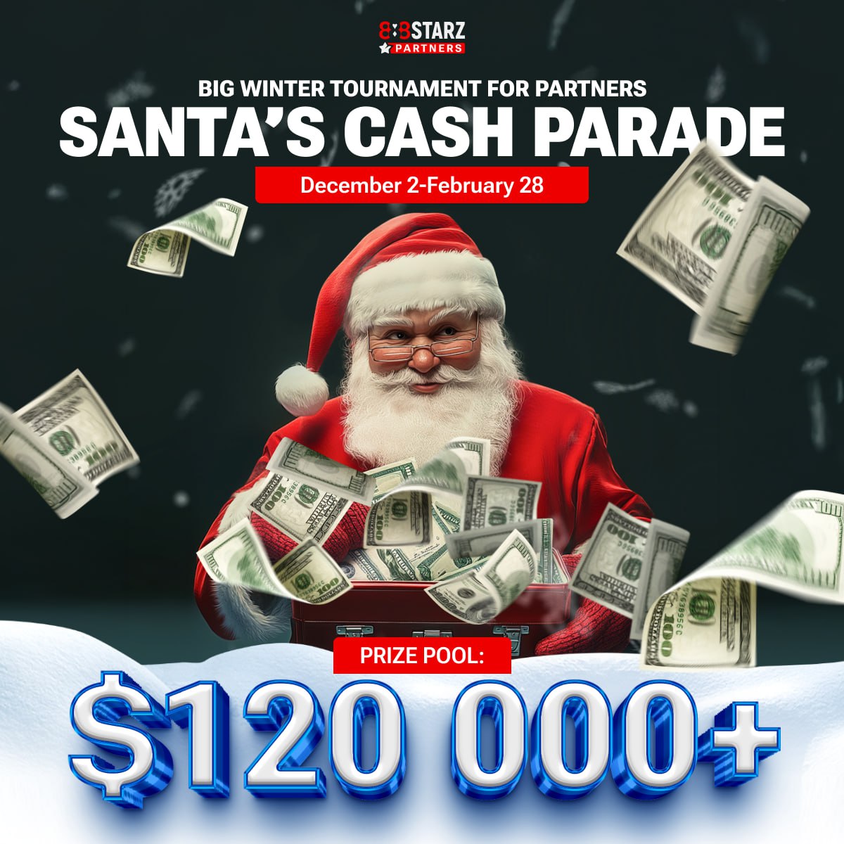 ⚡️ The BIG winter tournament for 888STARZ partners has started with a prize pool of $120,000+ and RevShare prizes🎅

How to participate? ❓

✔️ Be a partner of 888STARZ Partners or become one;
✔️ Register using the form on the promotion page;
✔️ Attract players who collectively