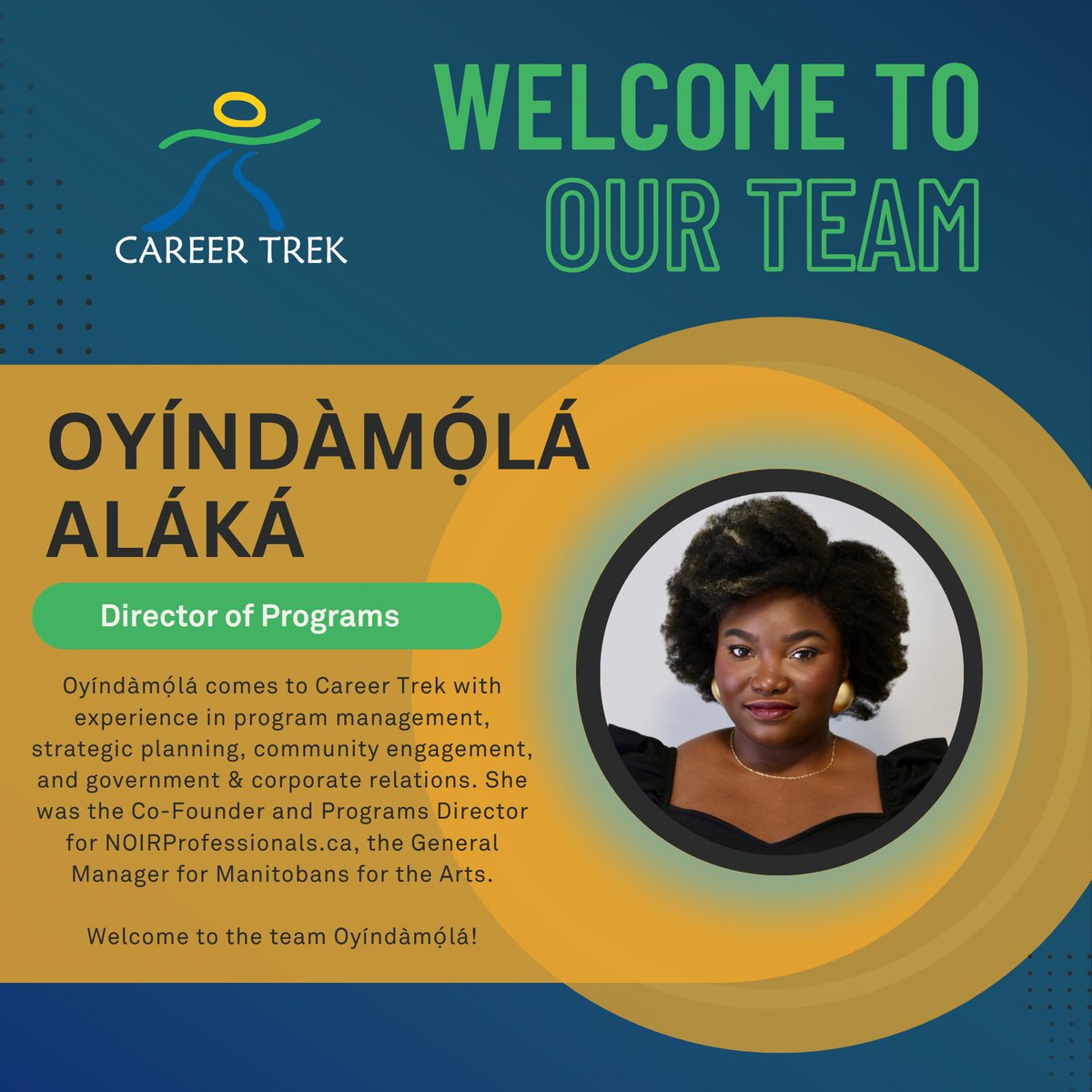 🎉 Welcome Oyíndàmọ́lá Aláká to the Career Trek Team as our new Director of Programs! She has a strong program management background and is passionate about youth career exploration. Join us in welcoming her! 💼🌟 #Welcome #CareerTrek #YouthEmpowerment #MakingADifference