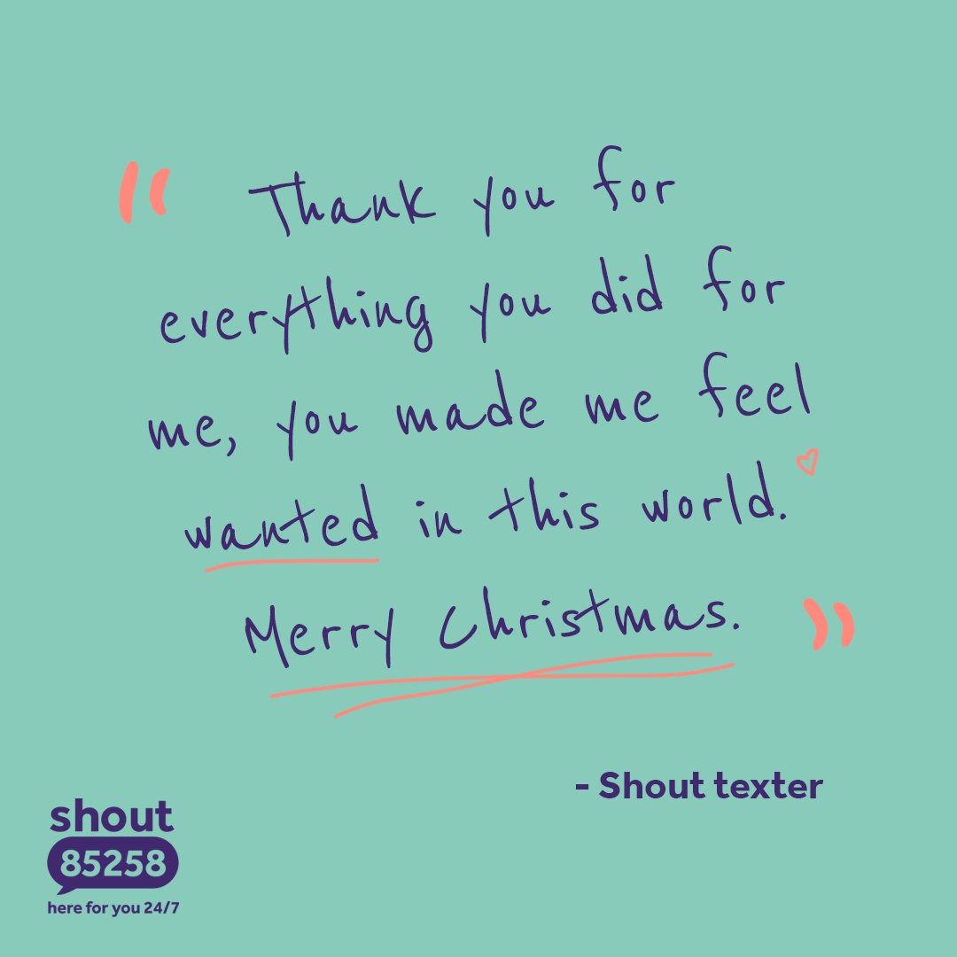 Shout doesn't close at Christmas, because loneliness, anxiety, stress and suicidal thoughts don't go away for the holidays. If you're struggling to cope, we're always just a text away - even on Christmas Day 💜