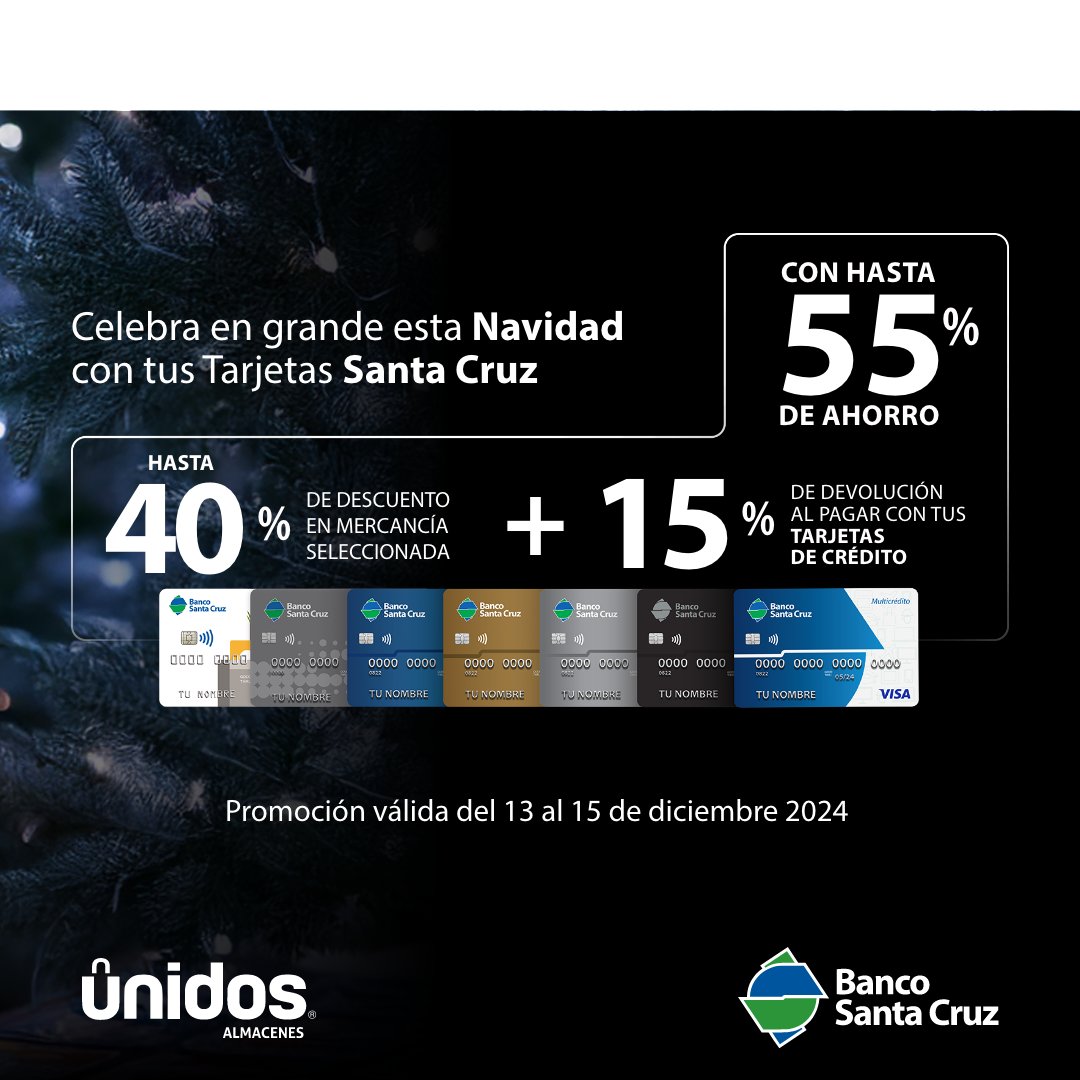 BSC_RD's tweet photo. ¡Celebremos juntos grandes descuentos esta Navidad! ✨🎄 Ahorra hasta un 55% al pagar con tus Tarjetas de Crédito Santa Cruz 💳 en @aunidosrd. Recibe hasta 40% de descuento en mercancía seleccionada➕ 15% de devolución.

📌 Promoción válida del 13 al 15 de diciembre 2024. 📌 Mínimo de consumo RD$2,500.
📌 Tope de devolución por cliente RD$6,000. El mismo será reflejado 20 días laborables después de finalizada la promoción.
📌 No aplican Tarjetas de Débito, Crédito Empresarial ni Visa Bravo Santa Cruz.
📌 Devolución es por cliente, por el periodo de la promoción.
📌 Consulta las promociones vigentes en https://t.co/aB2k5V0C2b

*Para más información sobre nuestros productos, consulta nuestro Centro de Atención al Usuario Santa Cruz y conoce en detalle sus características, costos, riesgos y procedimientos en https://t.co/P72naSNS7t

*Recuerda usar el crédito de forma responsable, considera las consecuencias del sobreendeudamiento en tu planificación financiera.

#BancoSantaCruzRD
