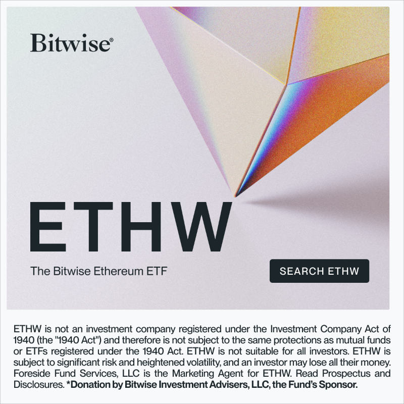 Bitwise's tweet photo. Ethereum is where crypto's top applications are built.

With ETHW, you can now gain exposure to this groundbreaking platform through your brokerage account.

[ETHW Disclosures and Prospectus: https://t.co/jULdaAmcut]