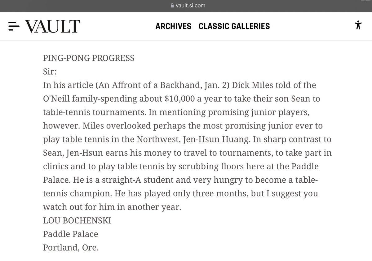 In the Jan 30, 1978 issue of Sports Illustrated, a ping pong club owner from Portland wrote in about a promising junior player who worked and played at his club. 

The kid’s name? Jen-Hsun Huang, or, as the world would come to know him, Jensen Huang.