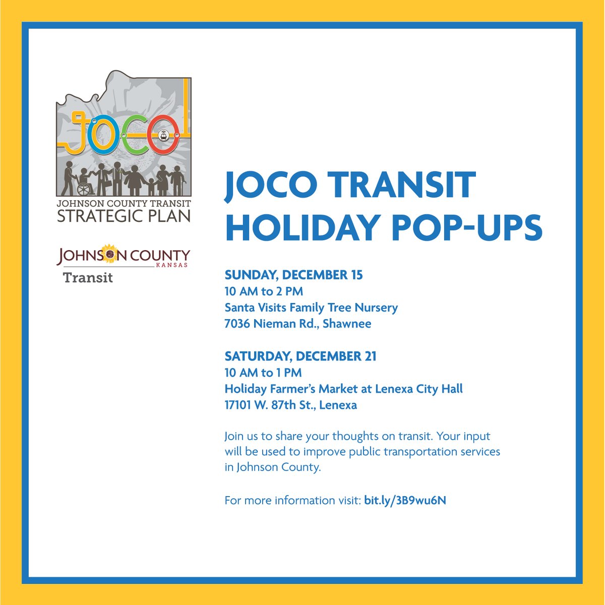 JoCoTransit's tweet photo. 🚍🎄 Join us this Sunday the 15th at Family Tree Nursery @ftnkc for a festive Meet Santa event! Share your thoughts on transit while enjoying the holiday fun! 🌐 [https://t.co/RFdyncsdQf] 
#JoCoTransit #FamilyTreeNursery #PublicInput https://t.co/WexEGFyIFr