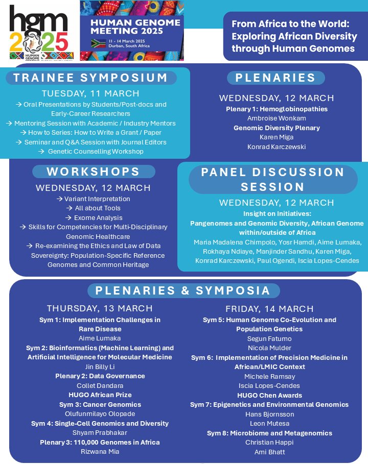 Early-bird registration is until Saturday, December 14th, 2024!
Register now for Human Genome Meeting 2025, which will be held in Durban, South Africa on March 11-14, 2025. 

Register Now: hugo-hgm2025.org/registration/