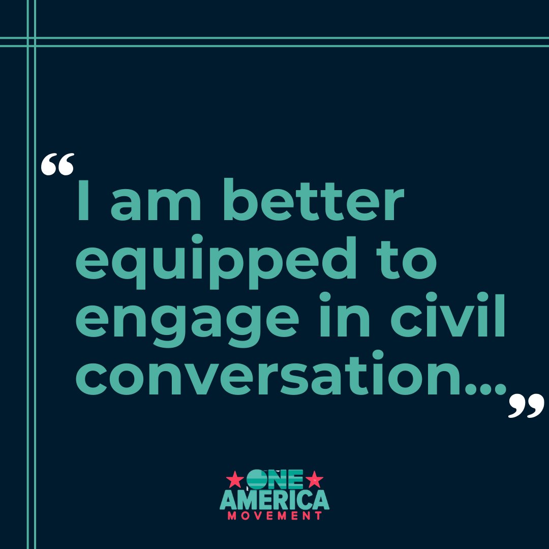 “Through working with One America, I am better equipped to engage in civil conversations with individuals who hold differing viewpoints.” 
-Program Participant, MI

Hard conversations build the foundation for bridging divides. To support this work, visit bit.ly/JoinUs_OneAmer…