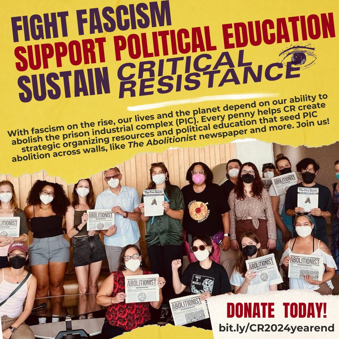 #FightFascismWithAbolition

PIC abolition is central to anti-fascist analysis &amp; organizing. Support CR’s ability to provide sharp abolitionist analysis &amp; organizing tools. See more: criticalresistance.org/updates/sustai…

Give today at bit.ly/CR2024yearend 

 #AbolitionNOW #SustainCR