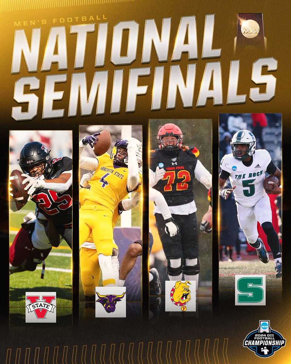 NCAA Division II (@ncaadii) on Twitter photo We're READY for tomorrow's #D2FB semifinal action!
⏰ 12 PM ET
1⃣ @ValdostaStateFB 🆚 4⃣ <a href="/MinnStFootball/">Minnesota State Football</a>
📺 ESPN+
⏰ 3:30 PM ET
2⃣ <a href="/FerrisFootball/">Ferris St. Football</a> 🆚 3⃣ <a href="/SRURockFB/">Slippery Rock Football</a>
📺 ESPN+ We're READY for tomorrow's #D2FB semifinal action!
⏰ 12 PM ET
1⃣ @ValdostaStateFB 🆚 4⃣ <a href="/MinnStFootball/">Minnesota State Football</a>
📺 ESPN+
⏰ 3:30 PM ET
2⃣ <a href="/FerrisFootball/">Ferris St. Football</a> 🆚 3⃣ <a href="/SRURockFB/">Slippery Rock Football</a>
📺 ESPN+