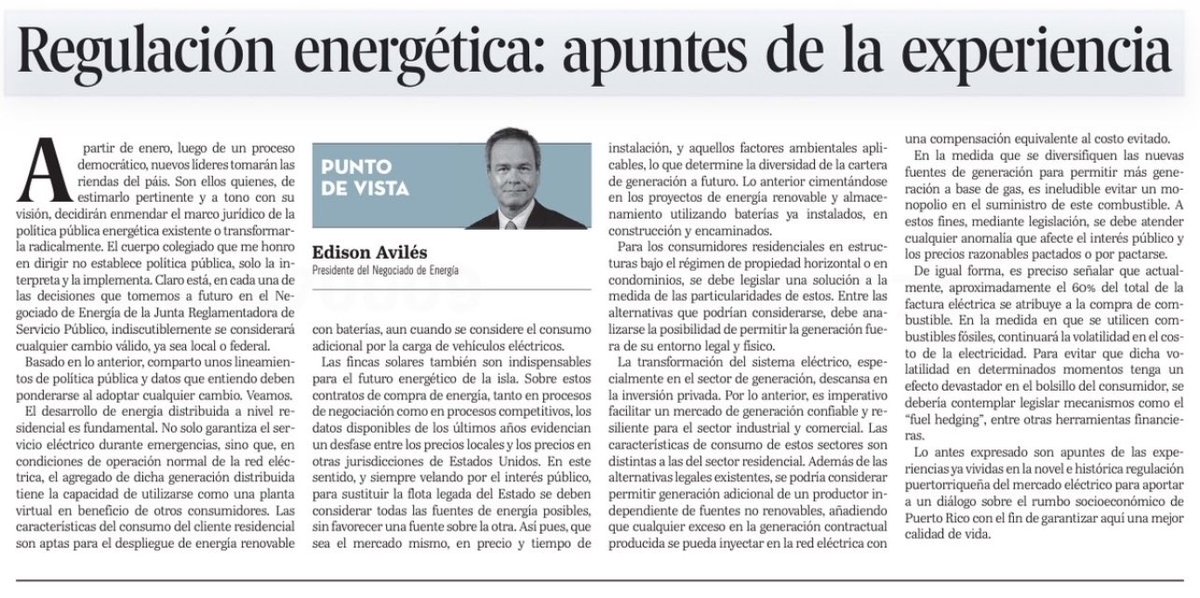 Junta Reglamentadora Servicio Público (@juntajrsp) on Twitter photo 📰 “Regulación del mercado eléctrico: apuntes de la experiencia”, lee más en la columna del presidente de <a href="/EnergiaNEPR/">Negociado de Energía de Puerto Rico</a>, Edison Avilés Deliz publicada en <a href="/ElNuevoDia/">El Nuevo Día</a>. 📰 “Regulación del mercado eléctrico: apuntes de la experiencia”, lee más en la columna del presidente de <a href="/EnergiaNEPR/">Negociado de Energía de Puerto Rico</a>, Edison Avilés Deliz publicada en <a href="/ElNuevoDia/">El Nuevo Día</a>.