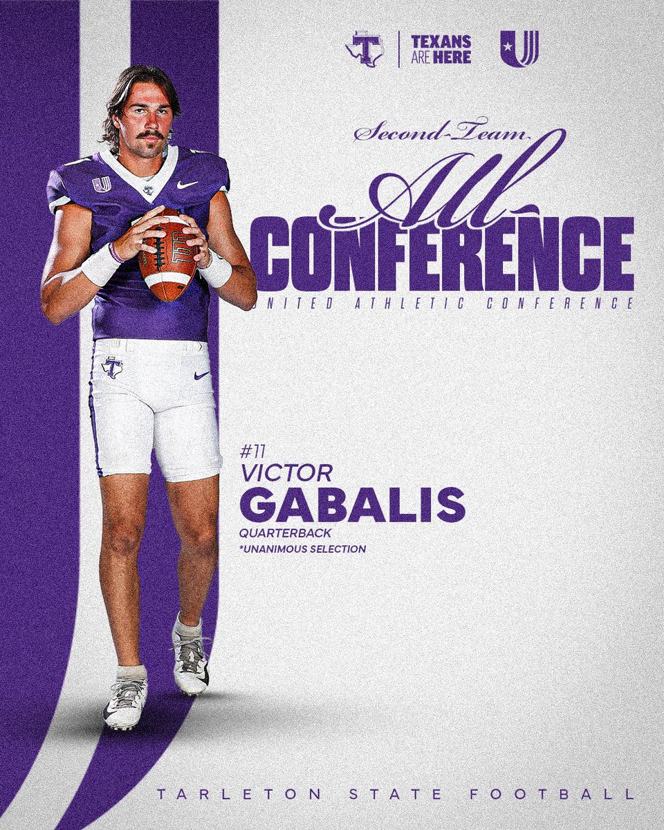 TarletonFB's tweet photo. Second Team All-Conference award winners on offense are:
- QB Victor Gabalis 
- OL Layton Ernst
- OL Tuli Teuhema

Story: https://t.co/rm3QBjNK6u https://t.co/rWNyDxDFGg