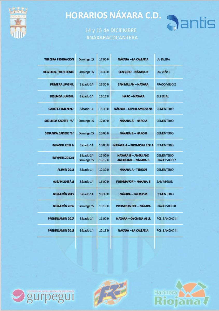⚽️ PARTIDOS NÁXARA C.D. ⚽️

Horarios del fin de semana 14 y 15 de Diciembre.

#AúpaNàxara #SoyDelNàxara