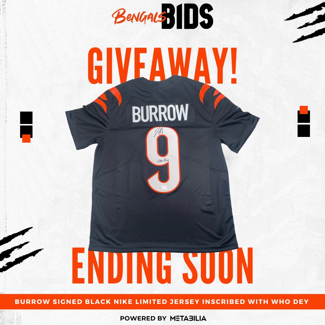 🔥 CINCINNATI, THE COUNTDOWN IS ON! 🔥 Bengals fans, don’t miss your last chance to own a Joe Burrow Signed Black Nike Limited Jersey W/ Who Dey🏈🐅

⚡ Head to Bengals Bids on the Team App or visit bengals.com/bids to claim it now! 🏆✨