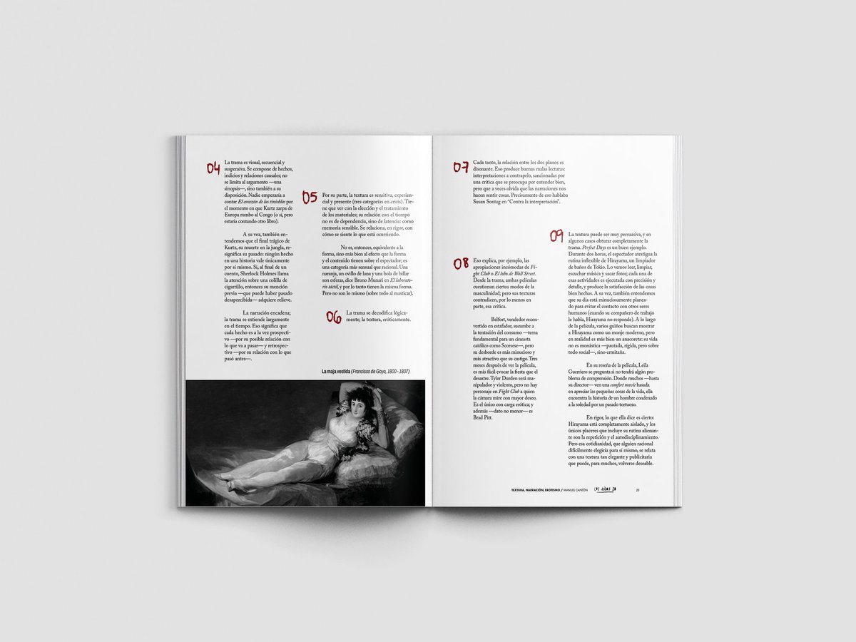 112 páginas de 24x17 a dos colores de ensayos sobre el arte y la cultura de nuestra época.

12 páginas de 24x17 a todo color de obras visuales.

Una revista generacional.