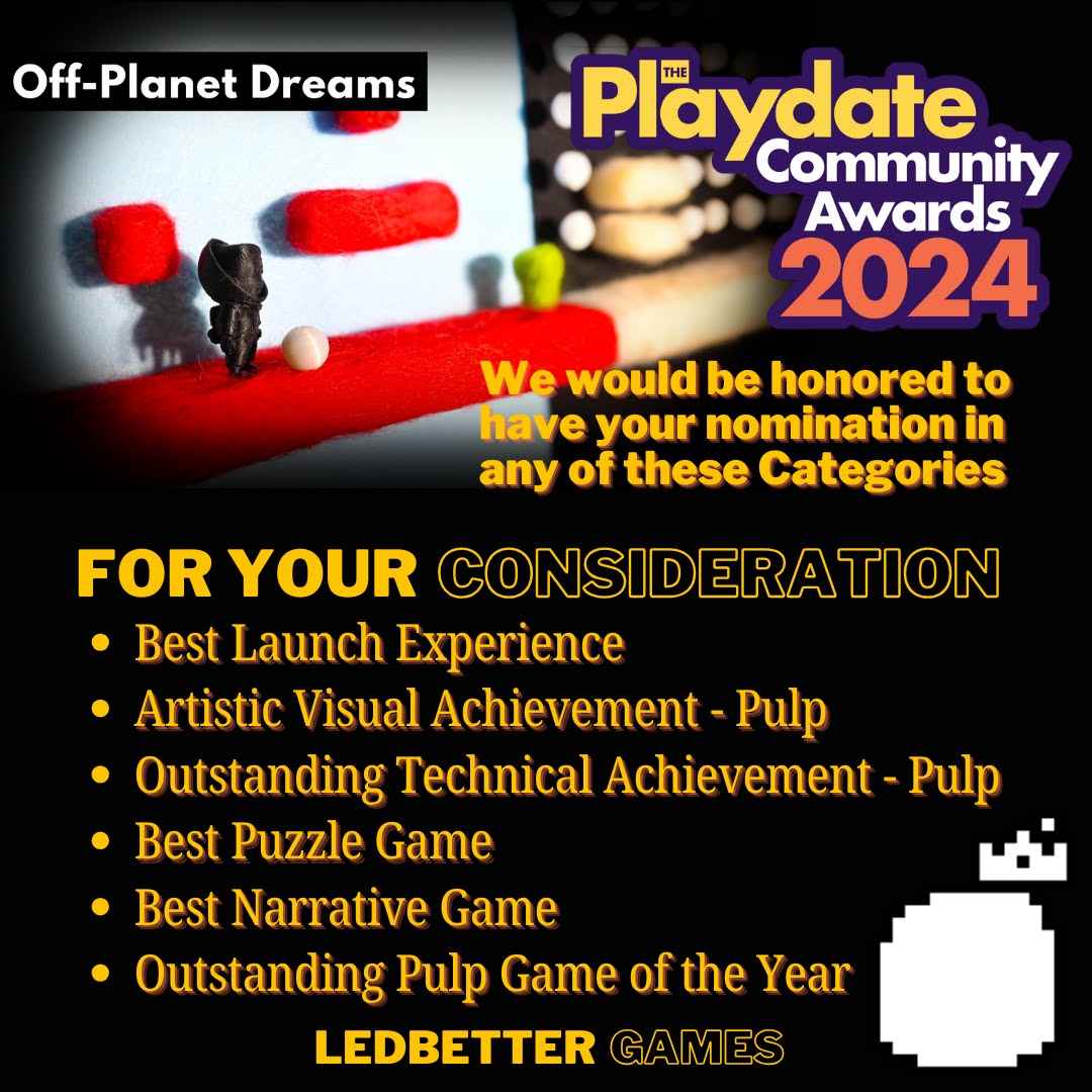 Please consider nominating Off-Planet Dreams for the Playdate Community Awards!

I've had great response from those that have finished the narrative and it's an honor to see how the game affects players. #playdate #indiegames 

docs.google.com/forms/d/e/1FAI…