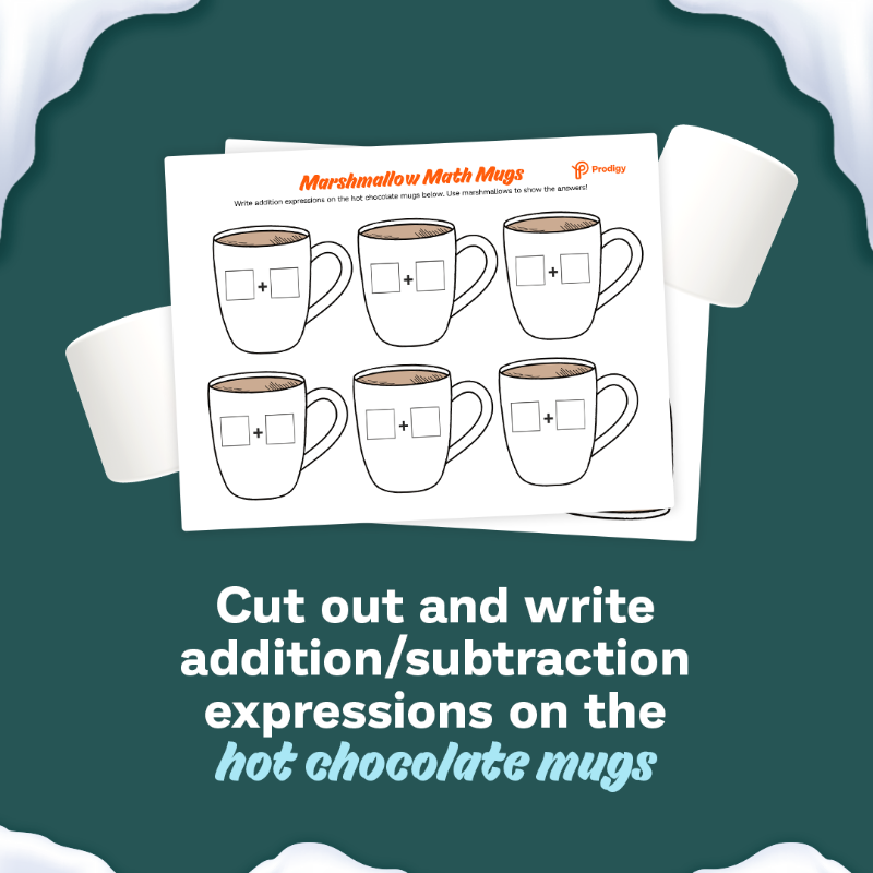 ProdigyGame's tweet photo. Have you heard of Marshmallow Math Mugs? ☃️

It’s a fun &amp; #engaging #MathActivity to fuel your teaching this holiday season! 🎄

Want this activity &amp; more? Check out our Holiday Bundle for all the festive fun! 🎉