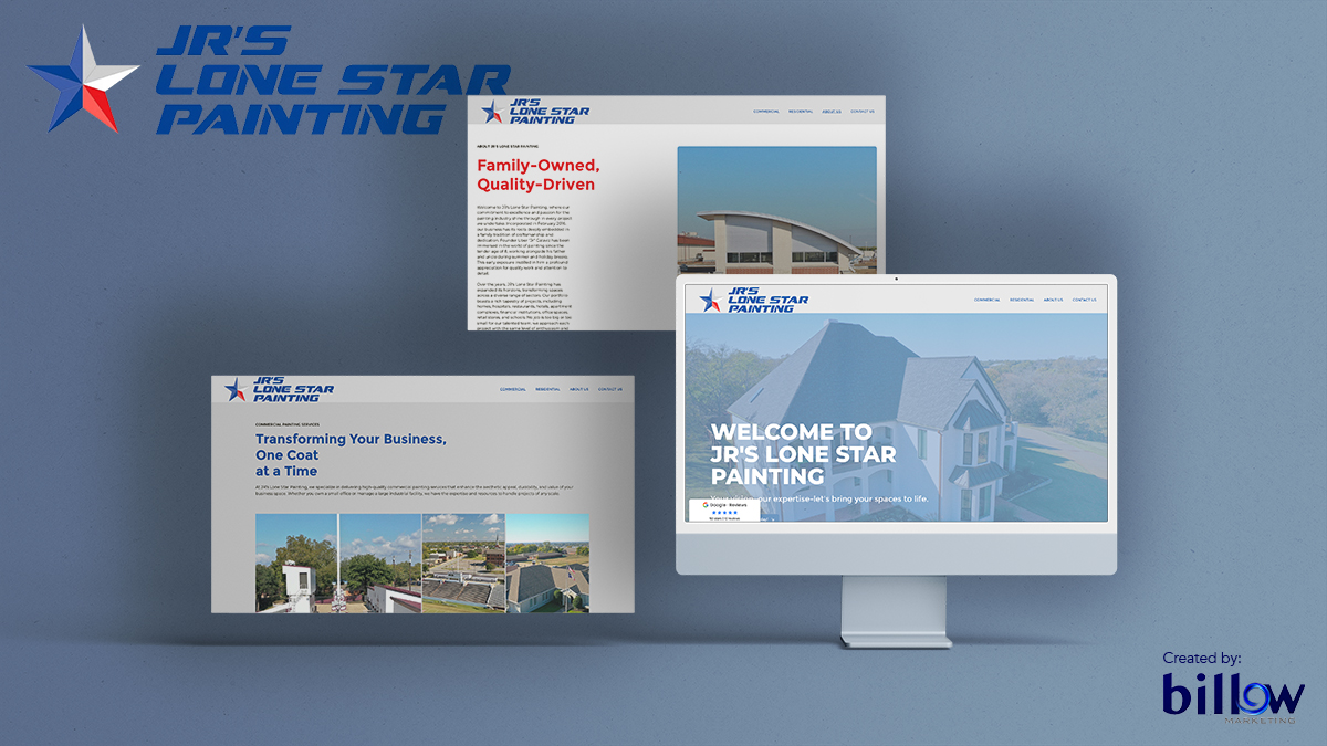 Exciting news! 🎉 We just launched a new website for Jr's Lone Star Painting! 🖥️✨ Check it out for a seamless experience and all the info you need to book their top-notch painting services.

#WebsiteLaunch #JrsLoneStarPainting #BillowMarketing #SmallBusiness #DigitalDesign