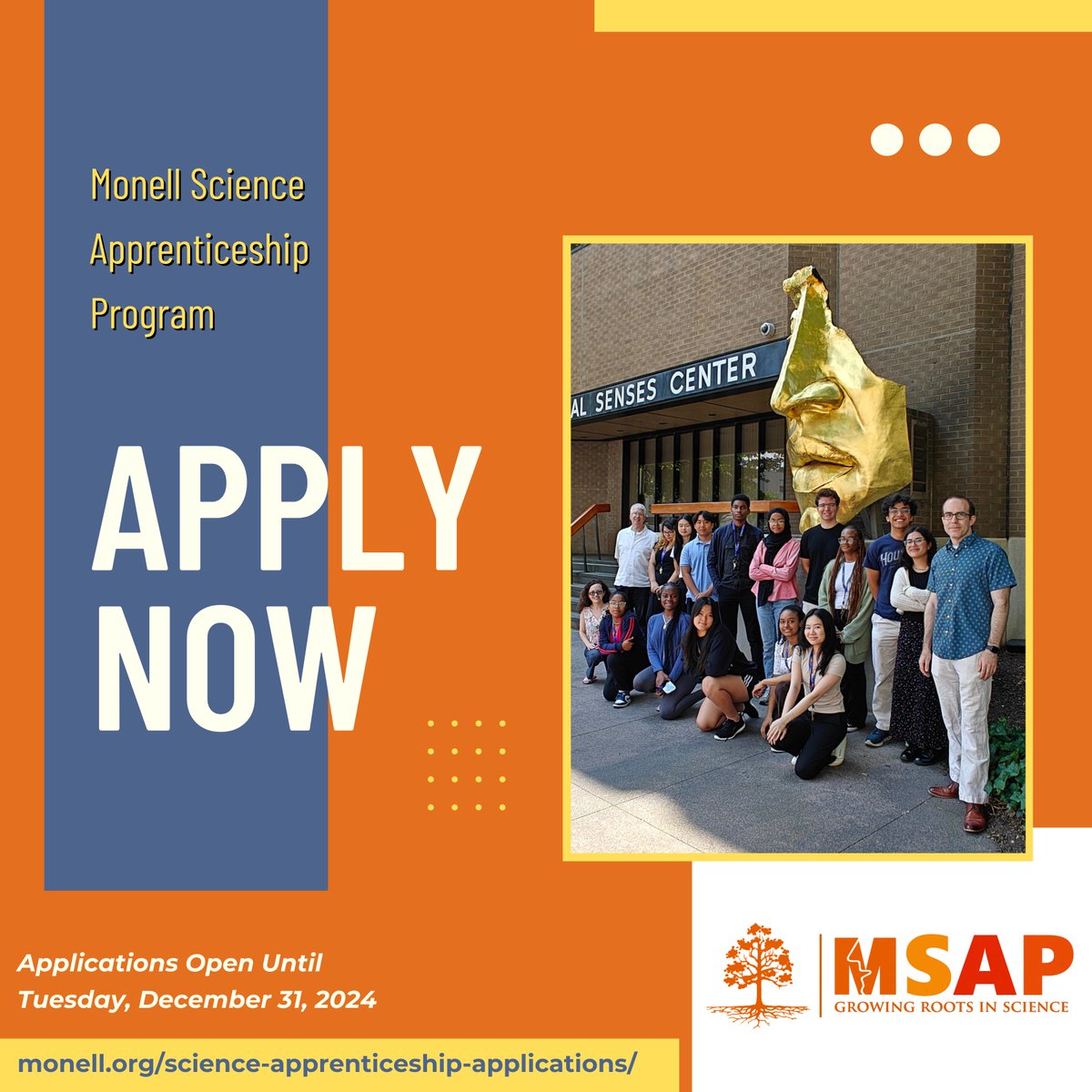 🧵 In case you missed it:

#APPLICATIONS FOR THE MONELL SCIENCE APPRENTICESHIP PROGRAM ARE OPEN

Apply (by Tuesday, December 31, 2024) on monell.org/science-appren…