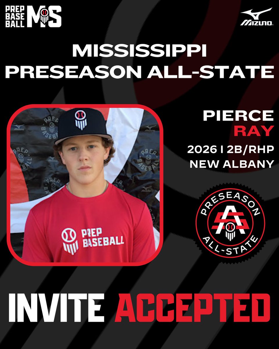 Prep Baseball Mississippi (@prepbaseballms) on Twitter photo #𝗠𝗦𝗣𝗔𝗦𝟮𝟱: 𝗜𝗡𝗩𝗜𝗧𝗘 𝗔𝗖𝗖𝗘𝗣𝗧𝗘𝗗 🤝
+ '26 2B/RHP Pierce Ray (@Pierce_R24; <a href="/NABulldogBSB/">New Albany Baseball</a>) is 𝙇𝙊𝘾𝙆𝙀𝘿 𝙄𝙉 🔐 for the MS Preseason All-State at Clinton HS on January 26th.
𝙍𝙚𝙦𝙪𝙚𝙨𝙩 𝙄𝙣𝙫𝙞𝙩𝙚 ➡️ loom.ly/1apY7lI #𝗠𝗦𝗣𝗔𝗦𝟮𝟱: 𝗜𝗡𝗩𝗜𝗧𝗘 𝗔𝗖𝗖𝗘𝗣𝗧𝗘𝗗 🤝
+ '26 2B/RHP Pierce Ray (@Pierce_R24; <a href="/NABulldogBSB/">New Albany Baseball</a>) is 𝙇𝙊𝘾𝙆𝙀𝘿 𝙄𝙉 🔐 for the MS Preseason All-State at Clinton HS on January 26th.
𝙍𝙚𝙦𝙪𝙚𝙨𝙩 𝙄𝙣𝙫𝙞𝙩𝙚 ➡️ loom.ly/1apY7lI