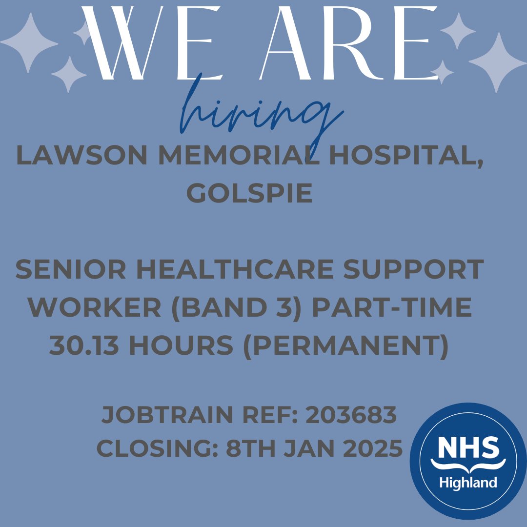 #nhshighland #vacancy

An exciting opportunity has arisen to join our friendly nursing team at Cambusavie Unit, Lawson Memorial Hospital, Golspie.

For further information and to apply please follow the link below:

Apply online via: apply.jobs.scot.nhs.uk/Job/JobDetail?…