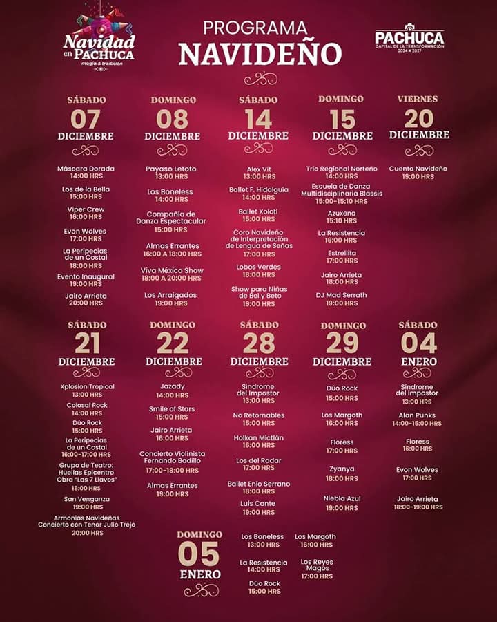 #CarteleraFindeSemana

#Pachuca Pachuca se llena de magia navideña. Revisa todas las actividades para este fin. 🎄✨
#SiempreHayAlgoQueHacer
