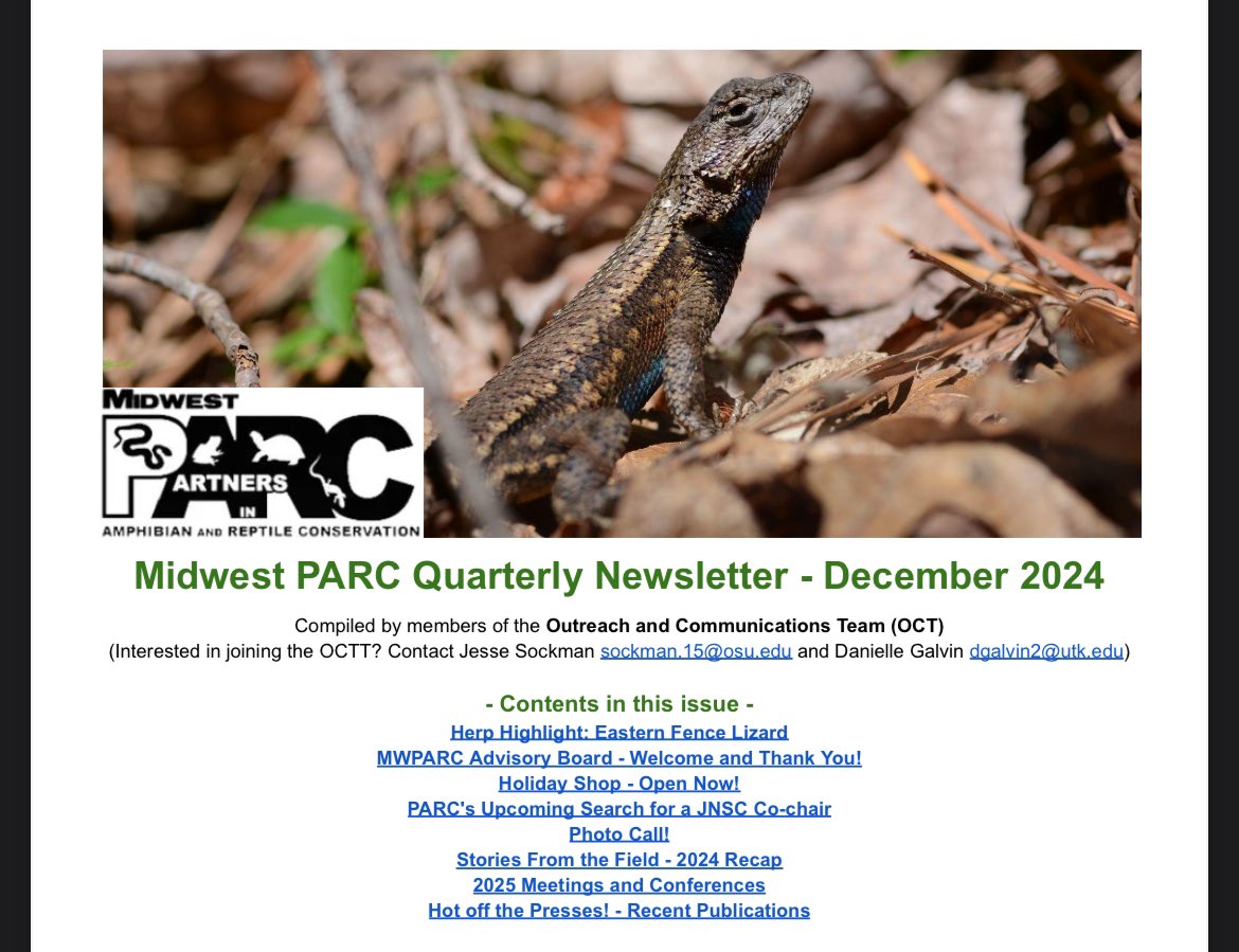 Hot off the press! Our latest newsletter was just released! Check it out on our website at mwparc.org/parcproducts 🐍🐢🐸🦎

📸: Cover photo of Eastern Fence Lizard (Sceloporus undulatus) by Melissa Youngquist