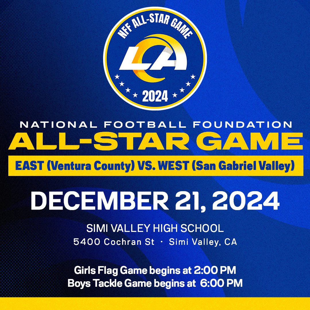 RamsCommunity's tweet photo. Big game with the biggest stars! ⭐️ 

NFF High School Girls Flag + Boys Football All Star Game at Simi Valley HS. https://t.co/eVQJqt28tf
